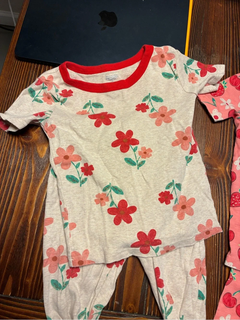 Girls Floral & Strawberry Pajama Set - Red Pink 4t